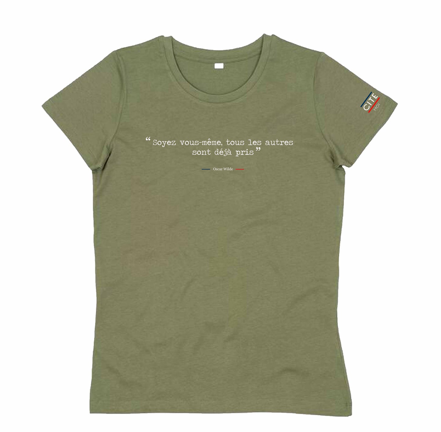 T-shirt femme vert olive à citation personnalisable en coton biologique