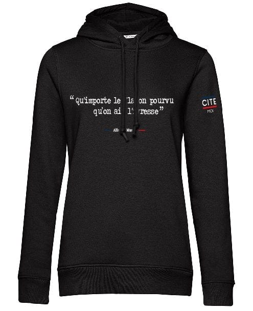 Sweat femme noir en coton bio de la marque cite moi avec écrit dessus la citation d'Alfred de Musset : Qu'importe le flacon pourvu qu'on ait l'ivresse