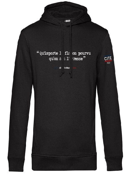 Sweat homme noir en coton bio de la marque cite moi avec écrit dessus la citation d'Alfred de Musset : Qu'importe le flacon pourvu qu'on ait l'ivresse
