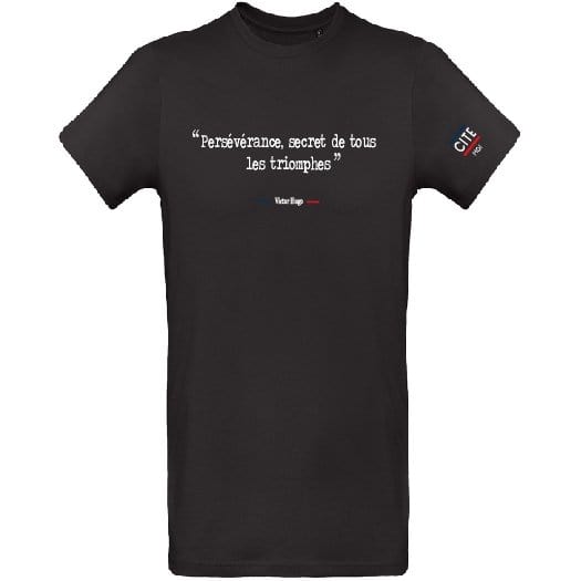 T-shirt homme noir en coton bio de la marque cite moi avec écrit dessus la citation de Victor Hugo : Persévérance, secret de tous les triomphes