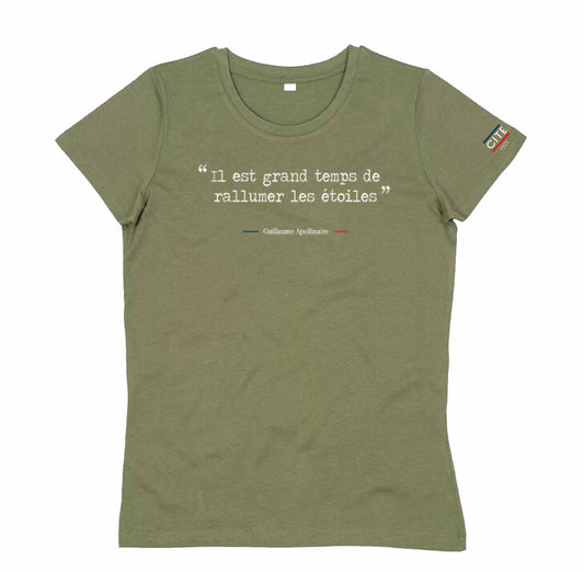 T-shirt femme vert olive à citation personnalisable en coton biologique